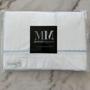 Monde Maison White Cotton King Pillow Case Petite‎ Scallop Aqua Trim Lux Bedding